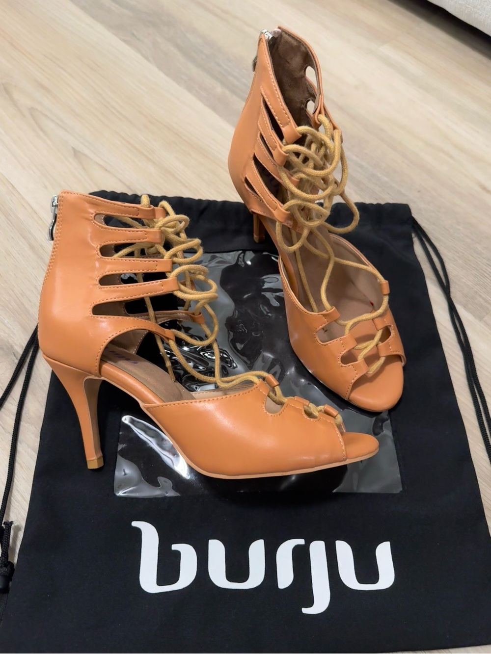 Burju Amalia Lace Up Open Toe Heels Nude Shade 4